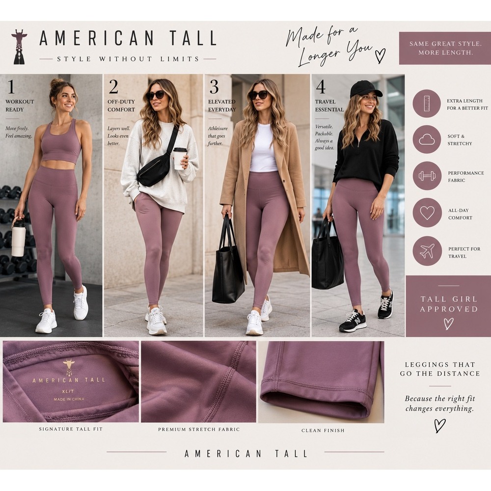 American Tall Womens XL Tall Leggings Dusty Mauve High Rise Yoga AW-LG-10012